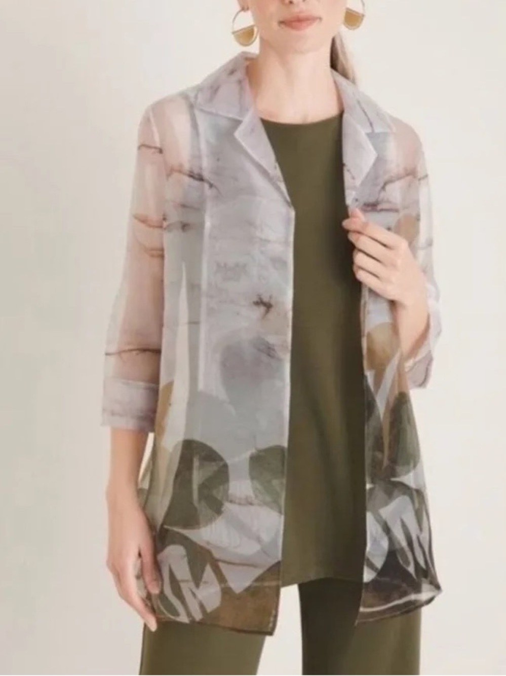 Chico’s Travelers Organza Back Pleat Jacket Size 4 XXL Olive Print NWT